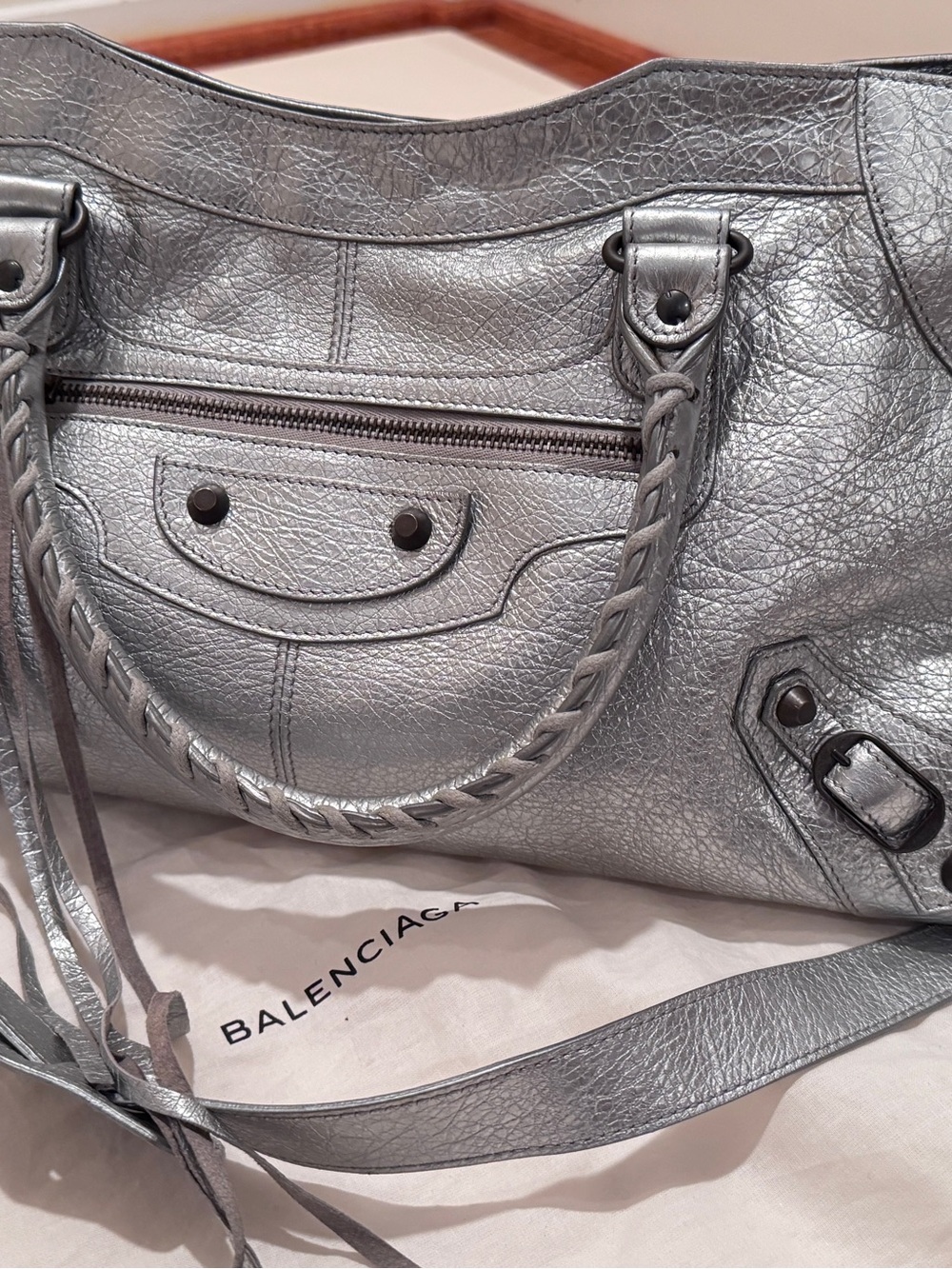 Balenciaga Metallic Silver Arena Leather Part Time Bag w/ Mirror